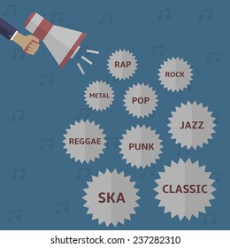 Music style icon set: rap, rock, pop, metal, jazz, reggae, punk, classic, ska. Vector illustration.