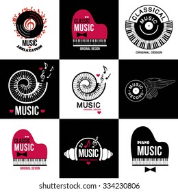 Music style logo icon templates. Music logo, music icon. Brand logo. Melody, music, decor, disc logo. Music Studio design. Music stores logo. Musical groups icon. Sound logotype. Piano logo, icon.