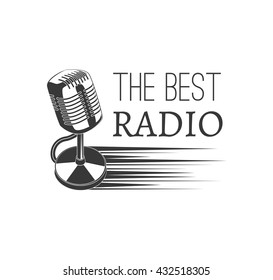 Music style logo templates. The best radio label and badge. Media pod cast. Music studio and retro old micriophone. Classic reporter, mic on empty theatre stage. Stand up comedy.