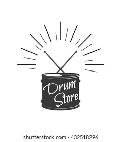 Music style logo templates. Drum and drumstics. Rock festival and rock'n'roll concert. Drum store label and badge. Music instrument and drummer. 