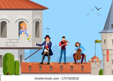 Music style, man with musicians sing serenade for girl, vector illustration. Classical old composition, play music for girlfriend, love declaration. Romantic performance at cartoon roof.