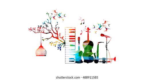 Music style template vector illustration, music instruments, piano keyboard, guitar, trumpet, microphone, saxophone and violoncello. Design for poster, brochure, concert, music festival, music shop