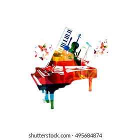 Music style template vector illustration, colorful piano, microphone, trumpet, saxophone, synthesizer, guitar, violoncello. Poster, music concert, festival, music shop and music instruments design