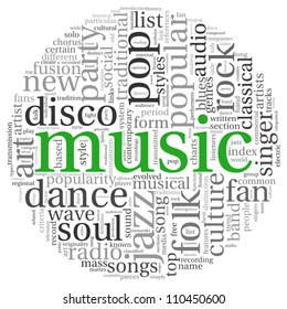 Music styles concept in word tag cloud on white