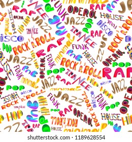 Music styles and genres on a white background. Seamless pattern of musical titles