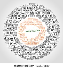 Music styles. Word cloud, circles, gradient grey background. Musical styles.	