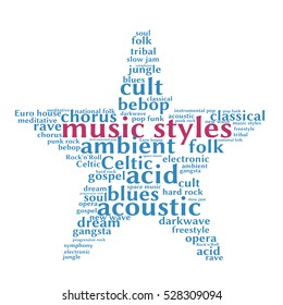 Music styles. Word cloud, five-pointed star, white background. Music concept.	