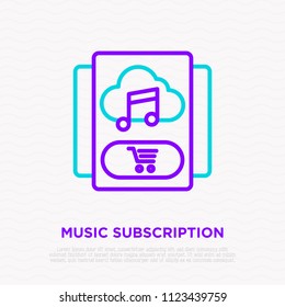 Music subscription thin line icon: music in cloud and shopping cart. Modern vector illustration.