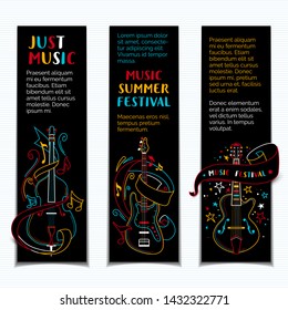 Music summer festival hand drawn vector banner template set. Jazz concert colorful on black background minimalist poster design layout with copyspace. String instruments colored line art Music summer festival hand drawn vector banner template set. Jazz concert colorful on black background minimalist poster design layout with copyspace. String instruments colored line art