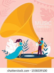 Music Summer Festival Invitation Flyer. Cartoon Woman in Elegant Dress Singing Song in Microphone and Man Playing Saxophone. Tiny Singer and Musician on Huge Gramophone. Vector Flat Illustration