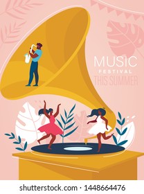 Music Summer Festival Vertical Banner. Man Saxophonist Playing on Sax, Young Women Dancing on Gramophone with Vinyl Disk. Disco Party, Musical Concert, Entertainment Cartoon Flat Vector Illustration