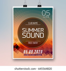 Music summer party poster graphic design. Disco dance flyer or poster template. Summer sound party event.