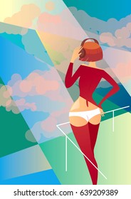 Music in the sunlight. Creative conceptual vector - woman standing in the sunlight.