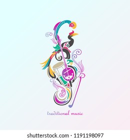 music symbol vector graphic illustration consisting of several regional musical instruments from Borneo, as well as a bird, suitable for music icon, music festival, etc