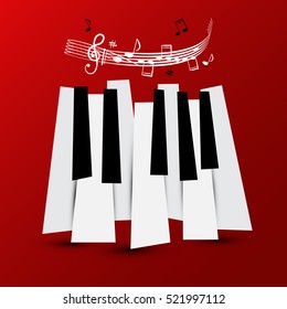 Music Symbol. Vector Piano Keys With Staff And Notes. Keyboard On Red Background.