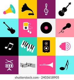 Music symbols in colorful squares - vector background