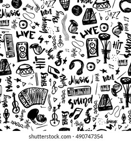 Music symbols funny hand drawn seamless pattern with elements and lettering.