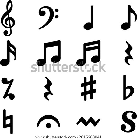 Music Symbols and Notation Vector Set: Treble Clef, Bass Clef, Musical Notes, and Rest Silhouette Icons