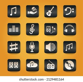 music symbols on black buttons on yellow background