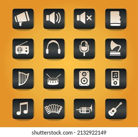 Music symbols on black buttons on yellow background