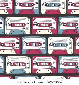 Music symbols. Seamless pattern of retro cassettes. rock music background textures, musical hand drawn doodle style.