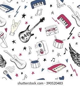 Music symbols. Seamless pattern. rock music background textures, musical hand drawn doodle style.