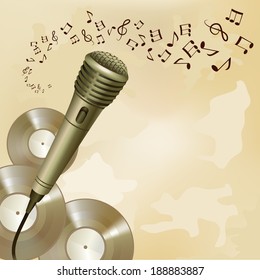 Music symbols and vinyl disks background microphone musical equipment print vector illustration