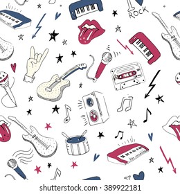 Music symbols.Vector seamless earphones  sign melody pattern. Teenage rock background textures, musical hand drawn doodle style. Guitar with wings, stereo, record. Studio sound.