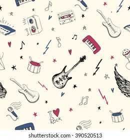 Music symbols.Vector seamless earphones  sign melody pattern. Teenage rock background textures, musical hand drawn doodle style. Guitar with wings, stereo, record. Studio sound.