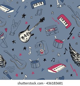 Music symbols.Vector seamless earphones  sign melody pattern. Teenage rock background textures, musical hand drawn doodle style. Guitar with wings, stereo, record. Studio sound.