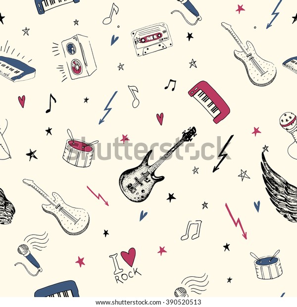 Simbolos De Musica Fones De Ouvido Sem Costura Do Vetor Assinam Padrao De Melodia Texturas De Fundo Rock Adolescente Estilo Rabisco Desenhado A Mao Musical Guitarra Com Asas Estereo Disco Som De Estudio