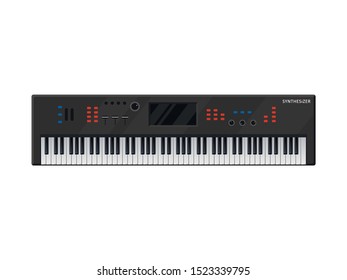 Music Synthesizer keyboard isolated on white background. Piano musical instruments. Electronic machine DJ equipment techno. Digital instrument icon producer record stereo. Studio mixer equalizer.