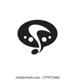 Logo de la charla musical, nota musical con chat de burbujas, plantilla simple de logotipo plano en color negro