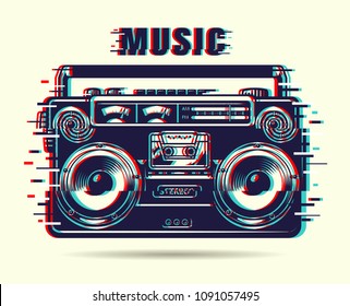 Music tape recorder with glitch effect. Vector illustration