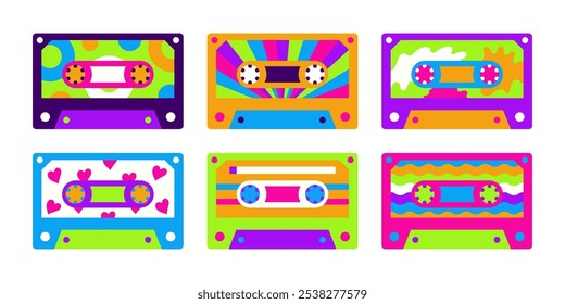 Music tapes in retro style vector collection isolated on white background. Psychedelic cartoon audio tapes records