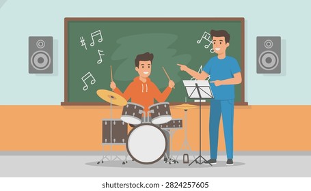 Music teacher pointing at sheet music for student playing drums in classroom with blackboard.