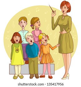 Music teacher singing with children chorus. Vector image of a young teacher in the classroom who gives music lesson to children