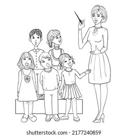 Music teacher singing with children chorus, conceptual illustration of music lesson, vector outline image for coloring, 