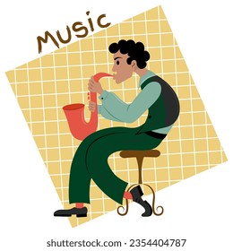 Music teacher teaches children how to play the saxaphone. Jazz musician playing his music. Music school. Flat vector illustration.