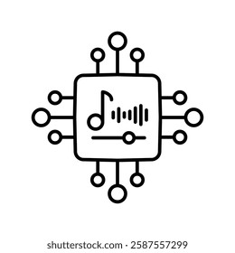 Music technology microchip digital sound processing. Microchip with music symbols, illustrating digital sound processing, artificial intelligence in music, and audio technology. Vector illustration