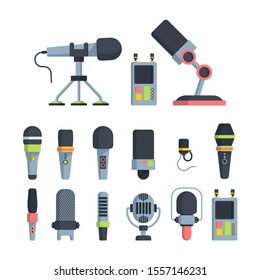 Music and television microphones flat vector illustrations set. Collection of modern mics. Sound converters and recorders isolated cliparts color pack on white background. Radio, tv equipment