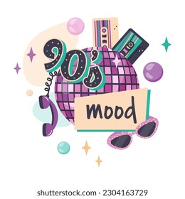 Music template in retro style of 90s, 80s. Pink disco ball with headphones, cassettes for music player, phone, glasses . Clipart. Vector illustration for nostalgia musical party, poster, banner