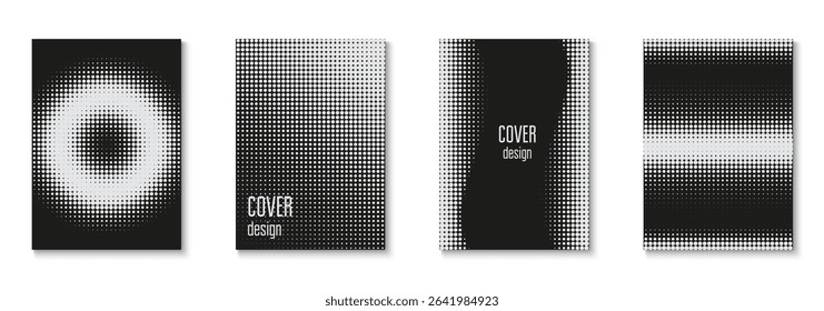 Music Template Set. Halftone Pattern. Black Graphic Cover. Line Black And White  Flyer. Summer Circles With Modern Art. Young Hipster Design On Annual Page. White Music Template