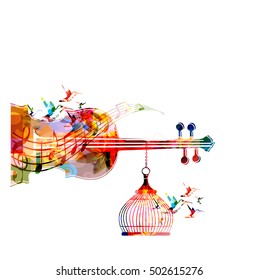 Music template vector illustration, colorful viloncello, creative music instrument background with music notes. Musical symbols for poster, brochure, banner, flyer, concert, music festival, music shop