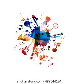Music template vector illustration, music instruments background, guitar, piano keyboard, french horn, saxophone, trumpet, violoncello, contrabass, banjo, traditional Portuguese guitar, bouzouki 