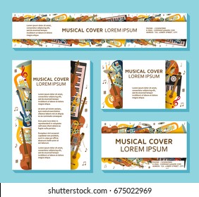 Music templates and banners made of different musical instruments, treble clef and notes. Colorful vector illustration.