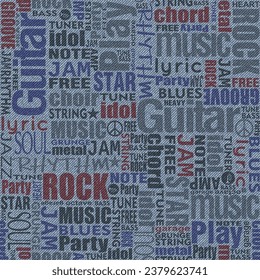 Music terms. Seamless words on denim background. Text on canvas background. Prints for texture and fabric.