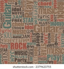 Music terms. Seamless words on denim background. Text on canvas background. Prints for texture and fabric.