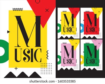 Music Text Banner, on exchangeable colors, decorated with geometric shape and symbol.