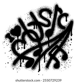 Grafite de texto de música borrifado em preto sobre branco com símbolos de música